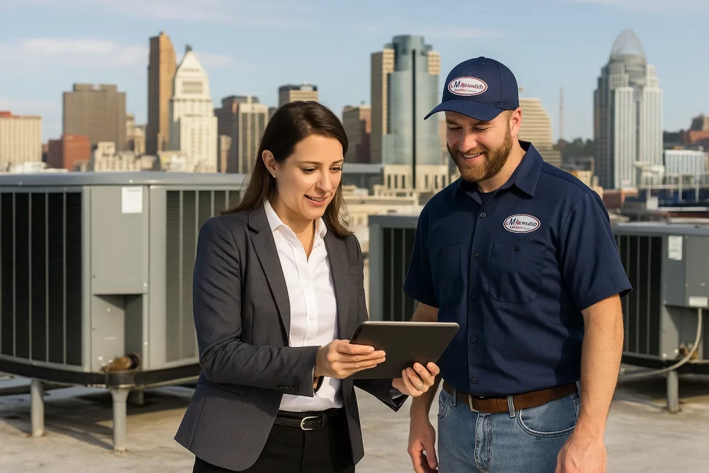 Property manager meeting HVAC technician on the roof of a Cincinnati apartment complex