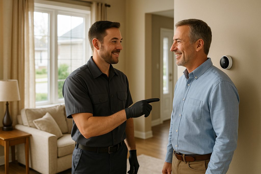 A tidy, well-lit Loveland living room during an HVAC service visit: a homeowner, relaxed and smiling, stands beside an HVAC technician in a dark grey, logo-free uniform. The technician points to a smart thermostat on the wall as the homeowner nods in understanding. Sunlight filters through a window showcasing a suburban neighborhood.