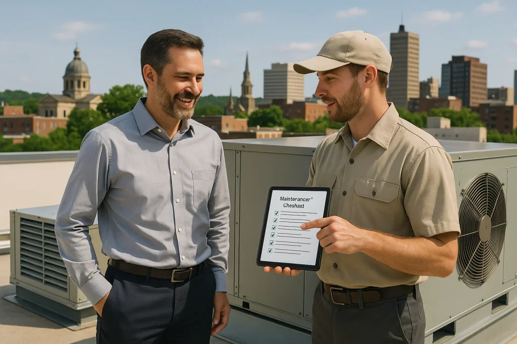 Facility manager and technician reviewing rooftop HVAC maintenance checklist